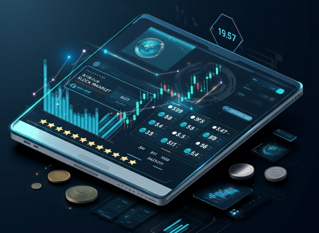 Digital illustration of a tablet displaying a futuristic stock market interface with glowing charts, star ratings, and financial growth symbols.