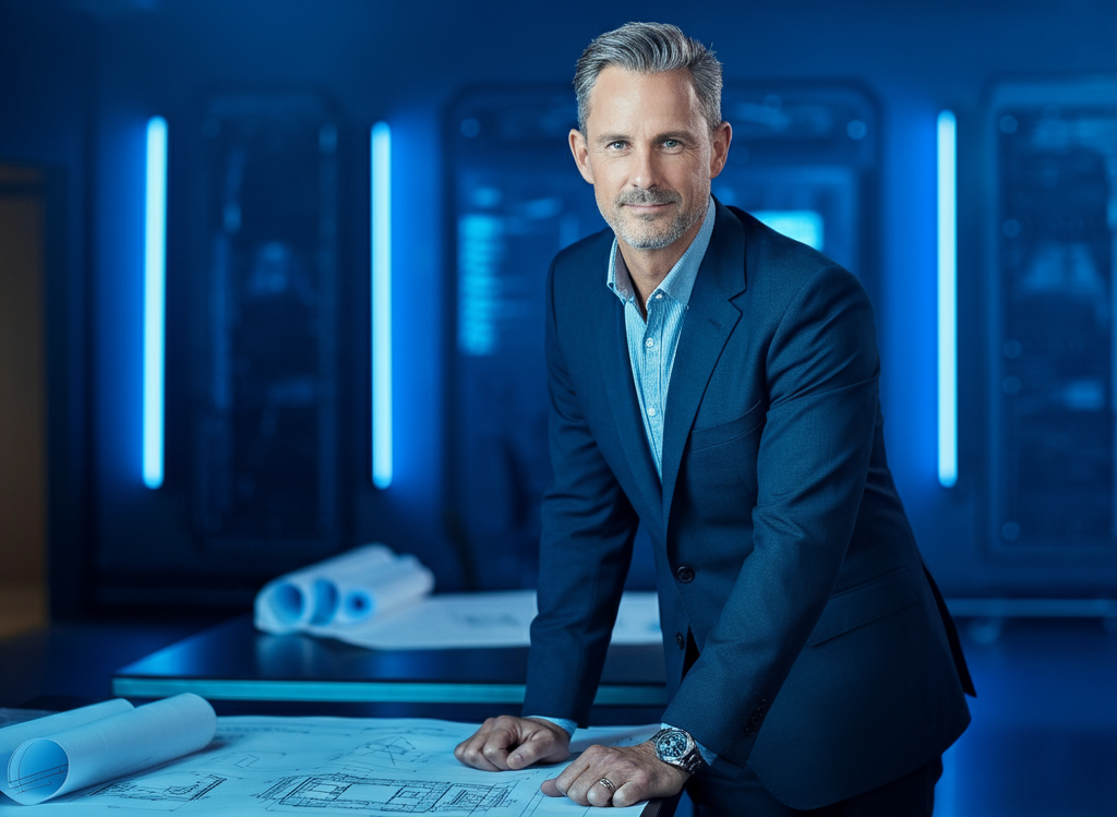 A confident male CEO in a modern, blue-lit office, symbolizing innovation and leadership in event production.