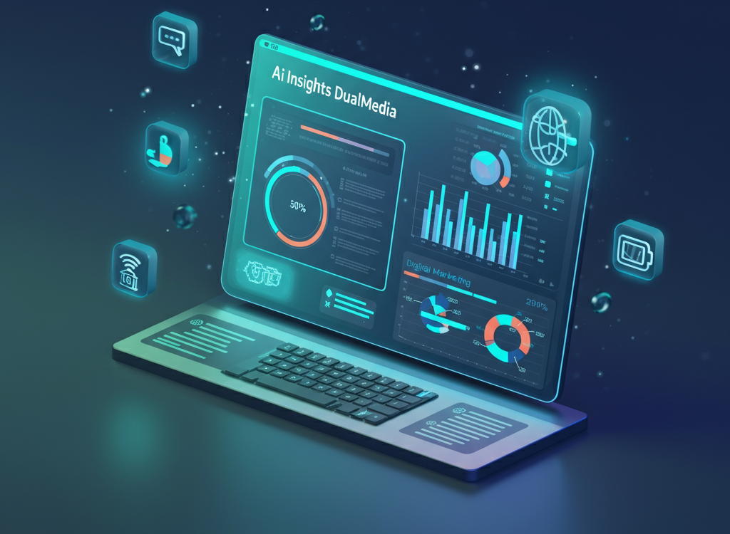 Futuristic marketing dashboard with AI analytics and media icons.