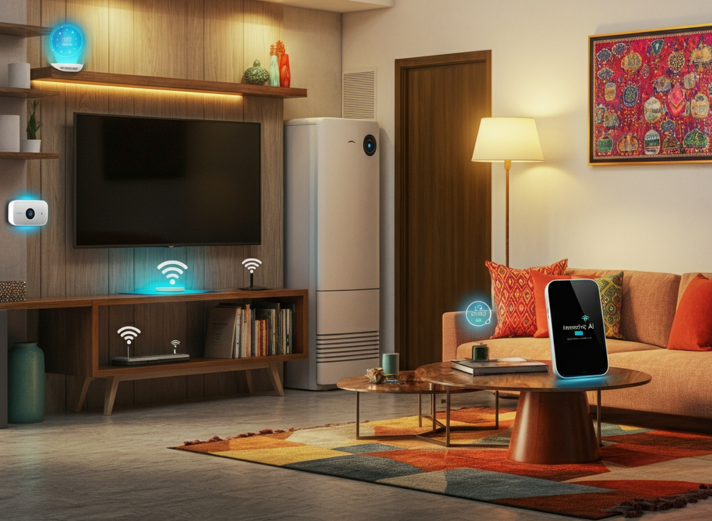 A modern Indian smart home with AI-powered devices like smart lighting and security cameras.