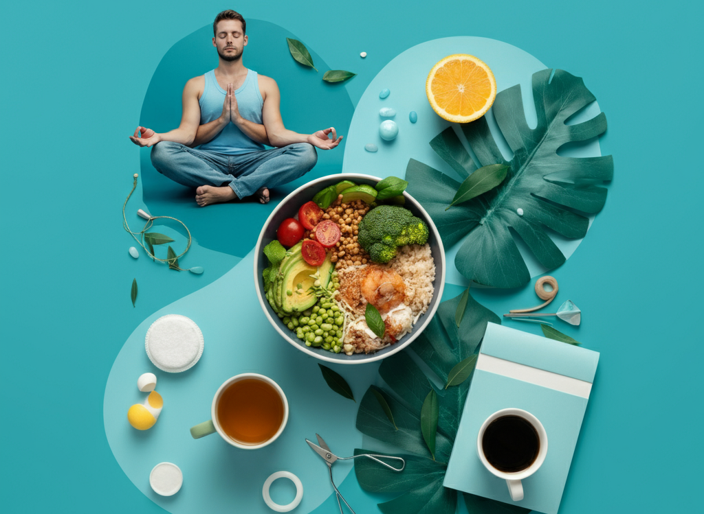 A serene lifestyle scene with a person meditating outdoors, a healthy meal, and an organized workspace, symbolizing balance and well-being.