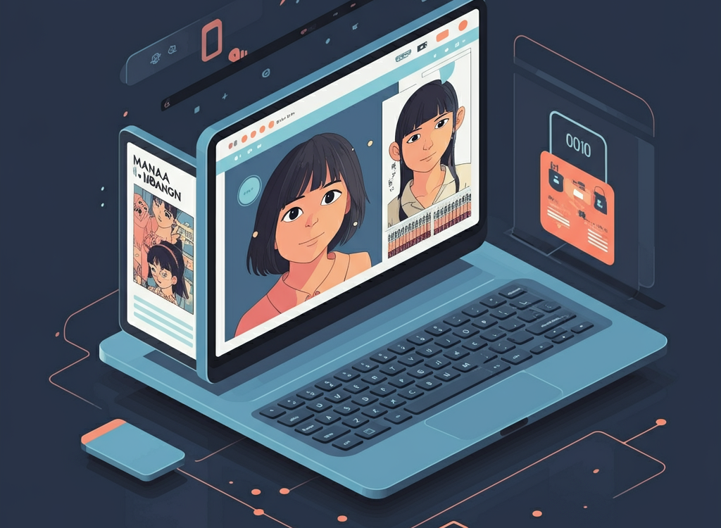Illustration of a digital library showcasing manga and comics, representing the NHentai.nef platform.