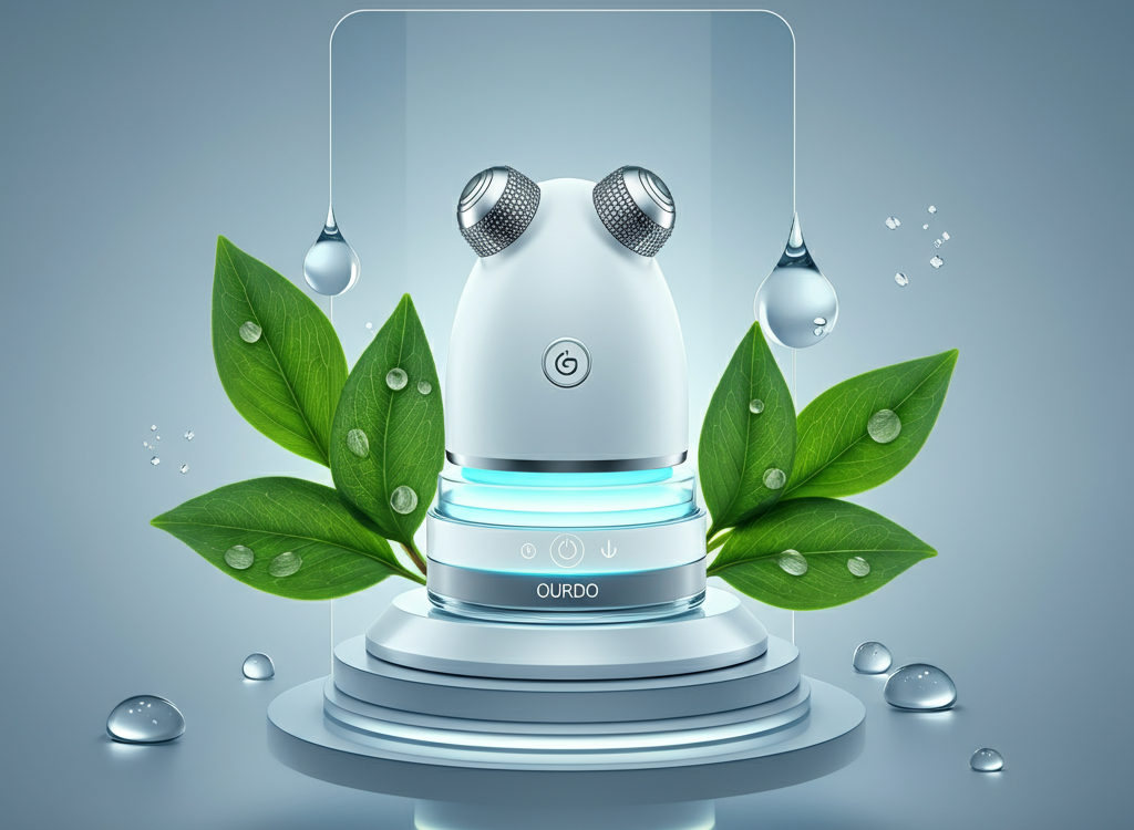 Futuristic SkinPres T skincare device emitting a glow, surrounded by water droplets and botanical leaves, symbolizing hydration and innovation.