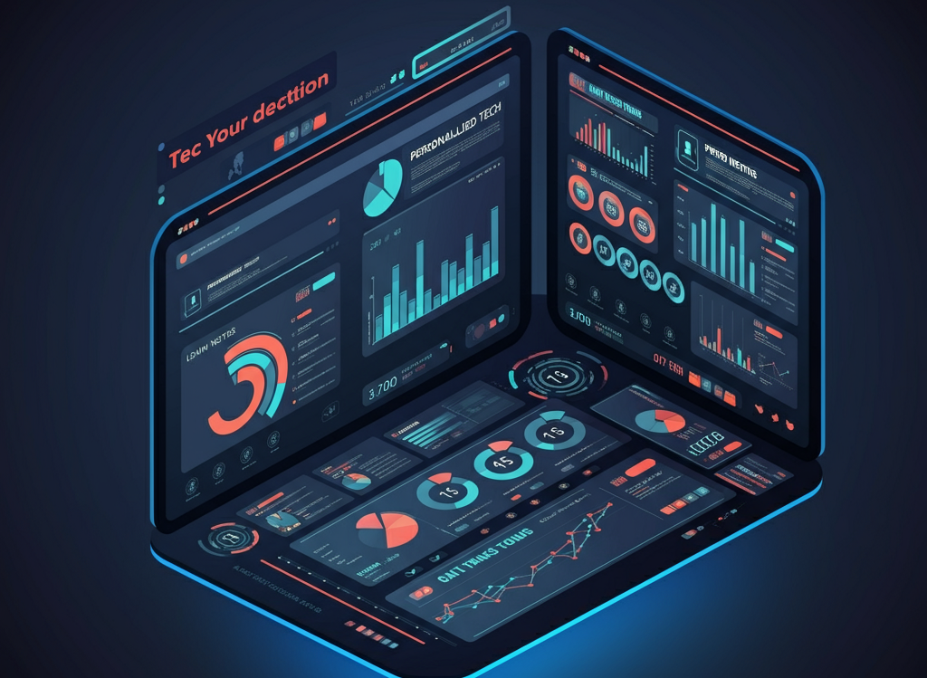 Illustration of a digital dashboard with AI-powered analytics and personalized tech news feeds.