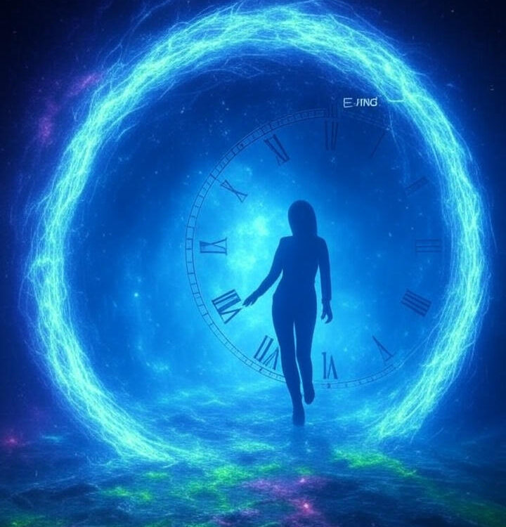 Time travel portal glowing in starry cosmos