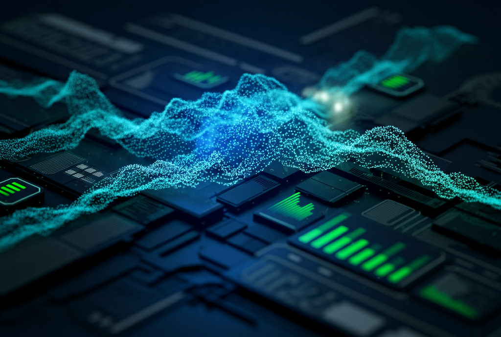 Futuristic digital framework with glowing data streams symbolizing advanced tech optimization.