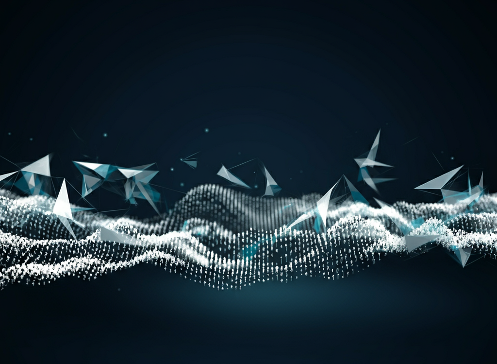 Futuristic AI and data analytics concept with glowing data streams and interconnected nodes.