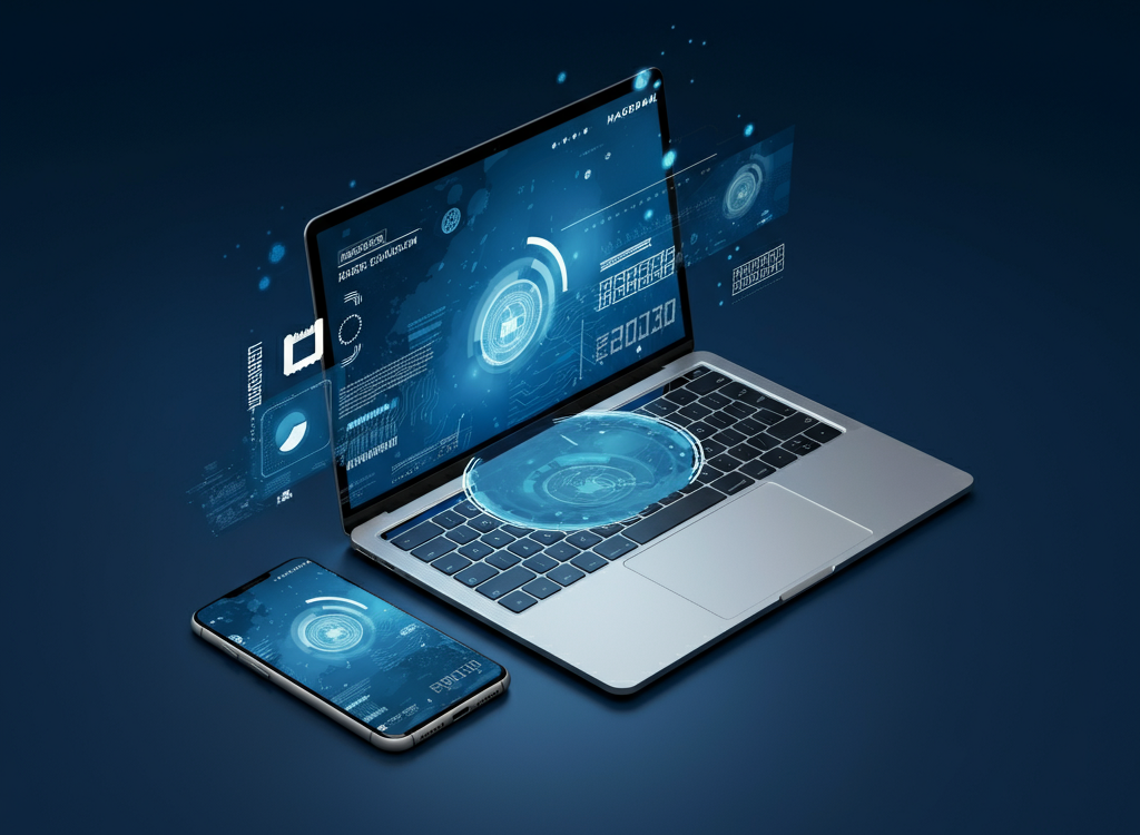 Modern tech-themed image with gadgets and digital graphics.