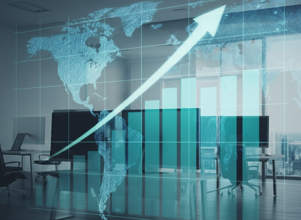 A professional image showing business growth strategies with a global map, upward-trending graphs, and a modern office setting.