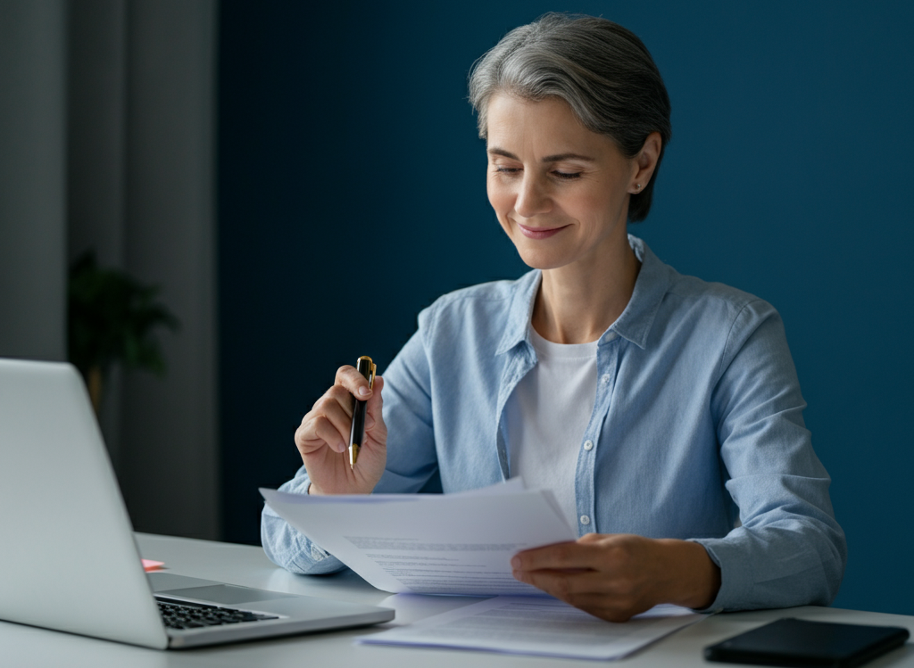 Small business owner reviewing insurance documents in a modern office.