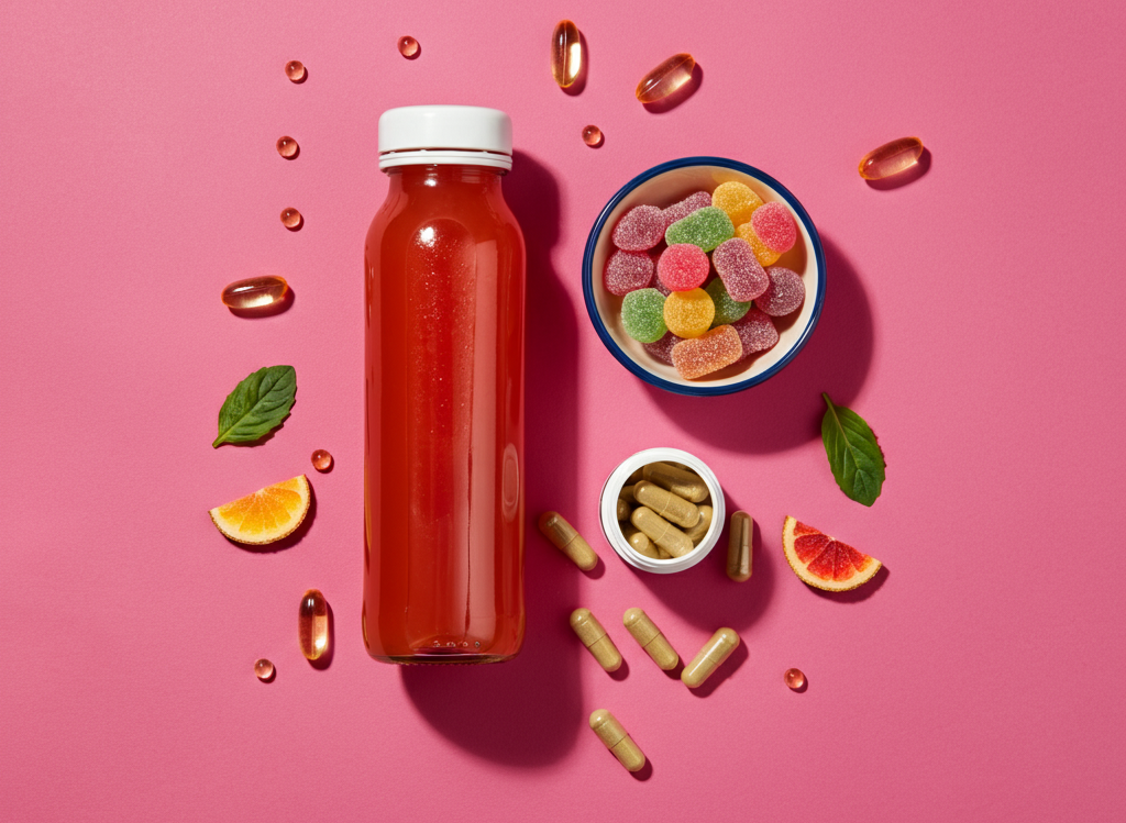 A vibrant display of Candizi products, including a drink bottle, colorful gummies, and capsules, arranged on a clean, minimalist background.