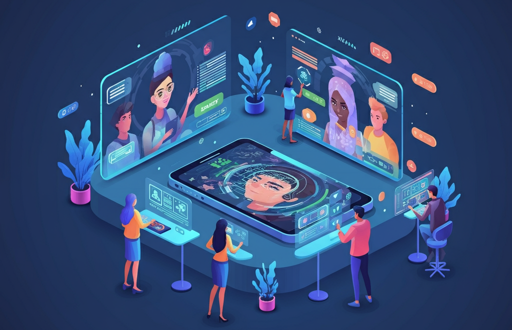 Diverse students and teachers using AI-powered tools for online learning.