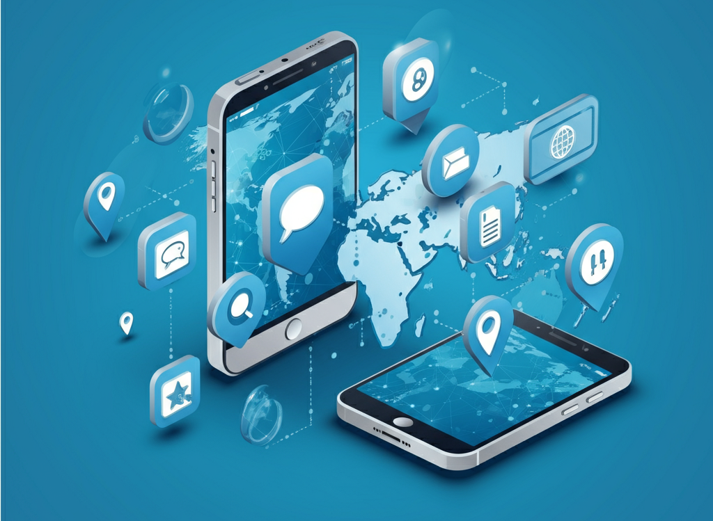 Illustration of cross-platform app development with mobile devices and a global network.