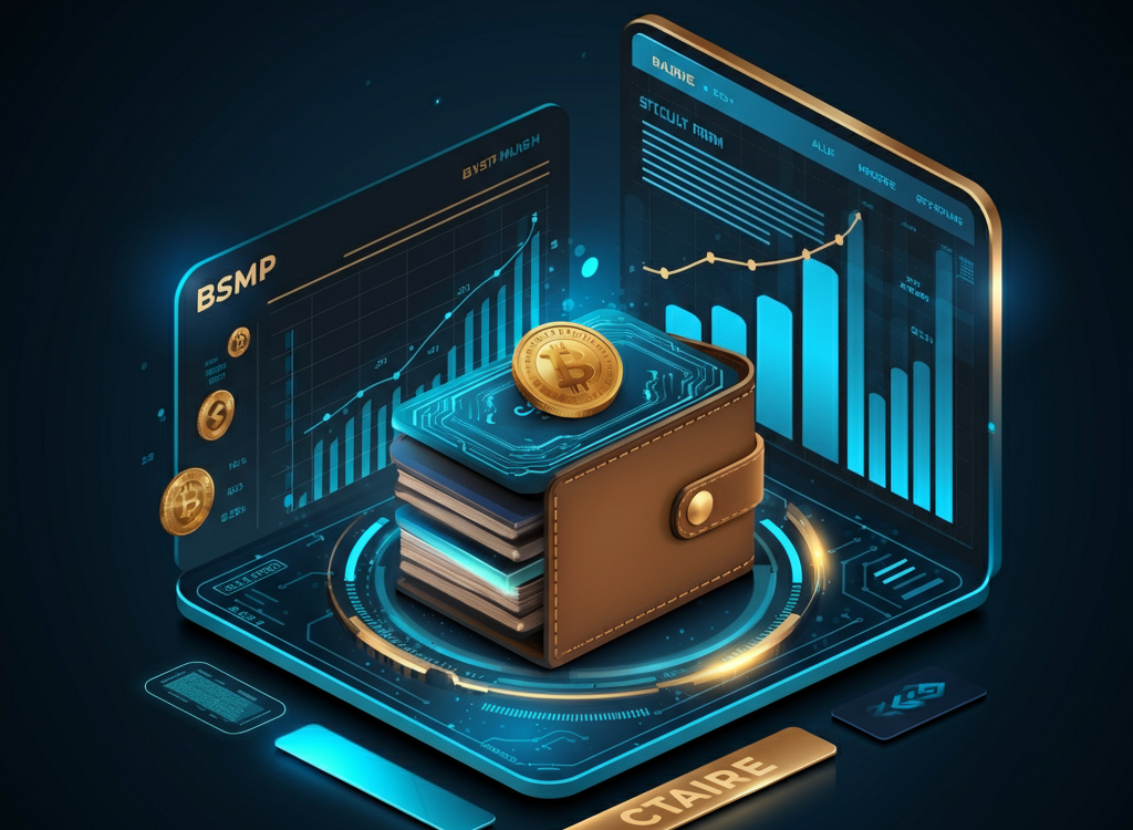 Futuristic cryptocurrency trading platform interface with glowing charts and AI elements.