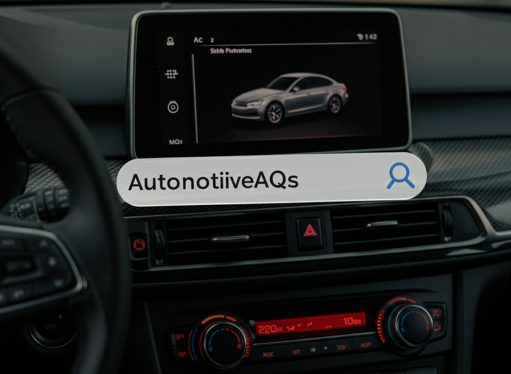 Sleek car dashboard with a search bar overlay, symbolizing user-friendly automotive FAQs.