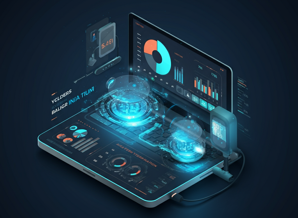 An isometric illustration of a laptop with glowing holographic interfaces and connected smart devices, symbolizing advanced data analysis and interconnected technology.