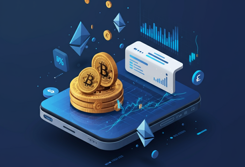 Modern financial technology theme with stock market graphs and cryptocurrency symbols.