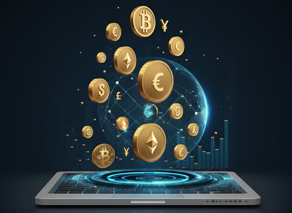 Modern financial theme with crypto symbols and stock graphs.