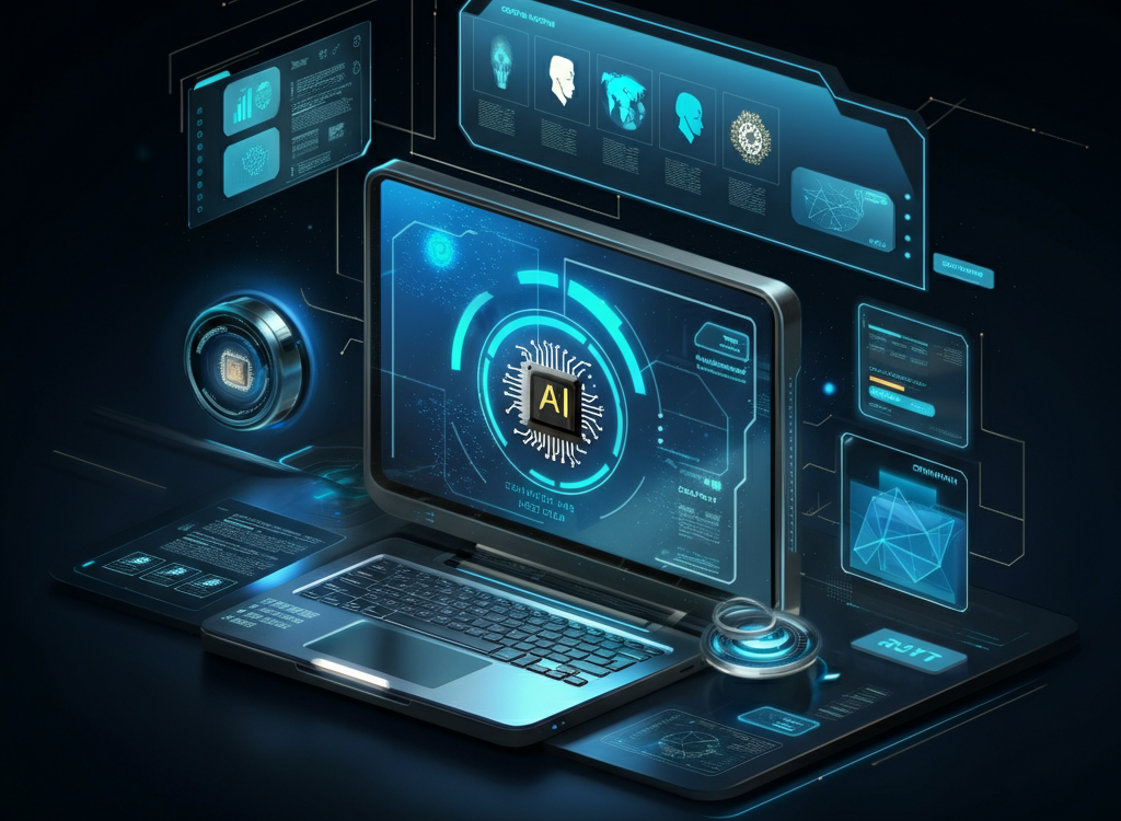 A futuristic digital platform concept with interconnected devices, AI, and blockchain technology.