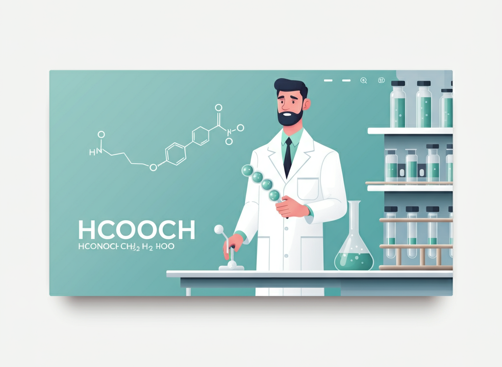Chemical structures and lab setting representing HCOOCH CH2 H2O.