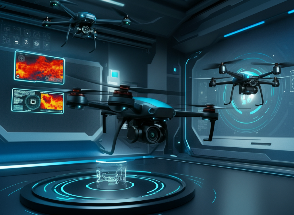 Futuristic high-tech inspection scene with drones and AI.