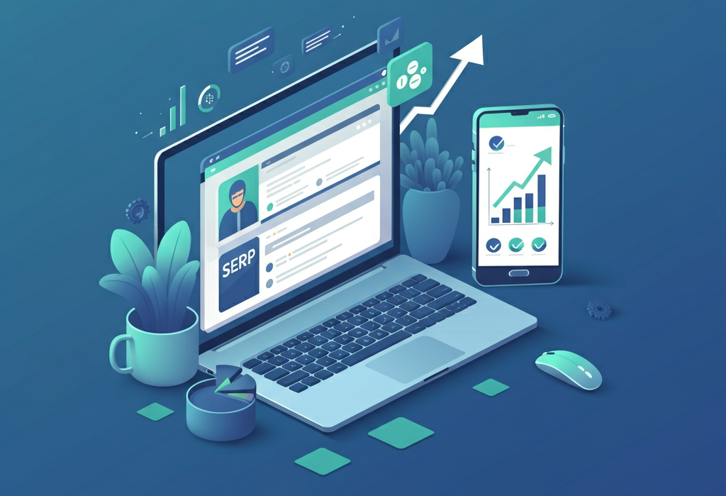 A digital workspace with a laptop, smartphone showing growth charts, and SEO-related icons, symbolizing strategies to improve website ranking with Garage2Global.