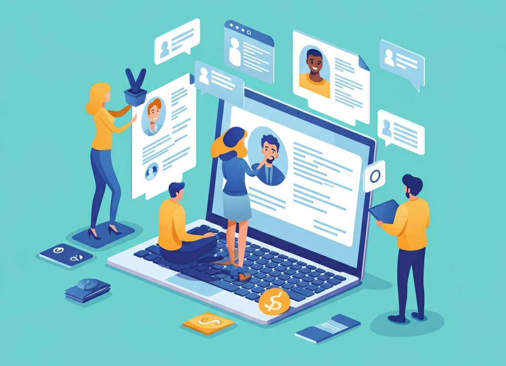 Illustration of job seekers and recruiters interacting on a digital platform, symbolizing career growth and technology-driven job searching.