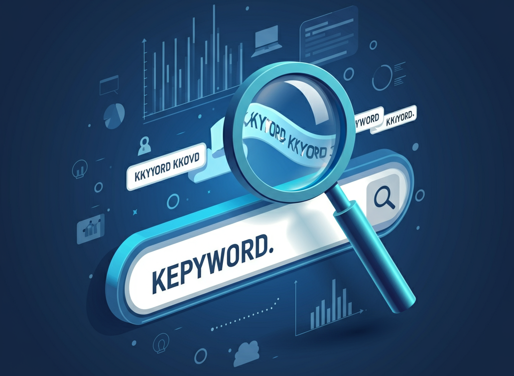 Illustration of a magnifying glass over a search bar with digital marketing elements, symbolizing keyword optimization and SEO strategies by Garage2Global.