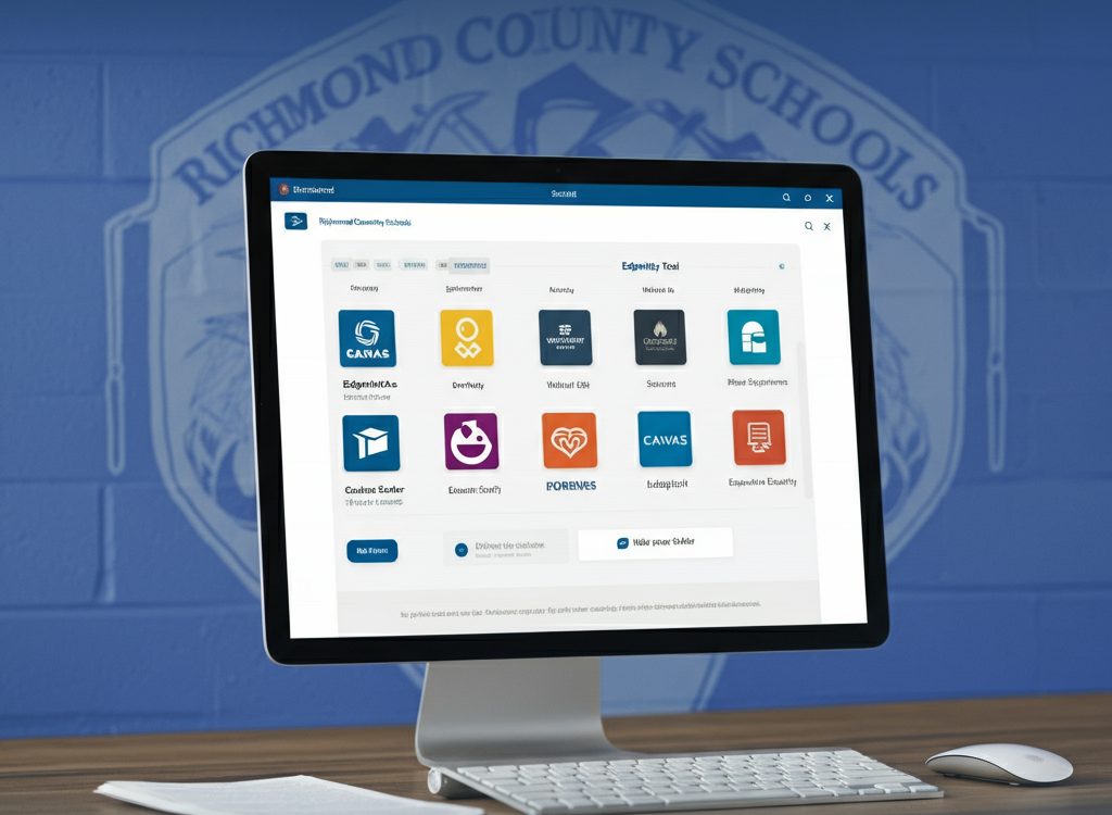 A computer screen displaying the Launchpad RCBOE dashboard with educational tool icons like Canvas and Edgenuity, set in a professional blue and white theme.