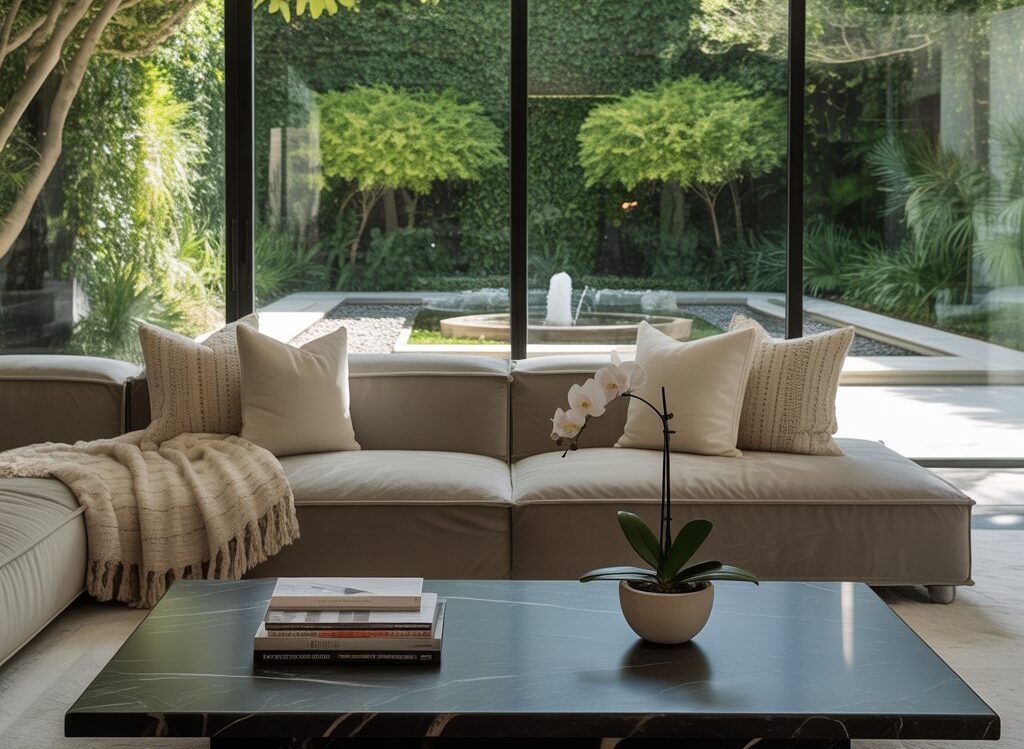Luxurious modern living room with elegant furniture and a serene garden view.