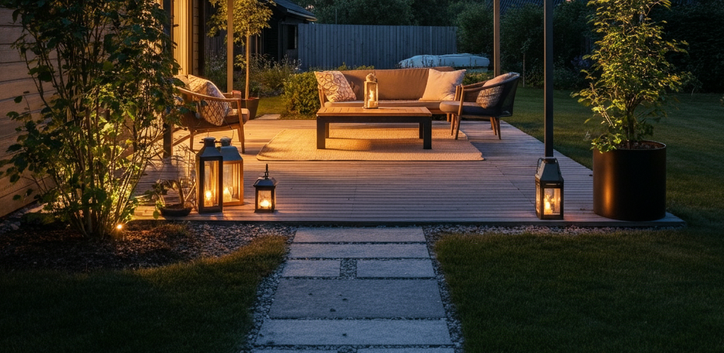 Cozy outdoor patio with a Nordic-style markiseteppe, warm lighting, and lush greenery.
