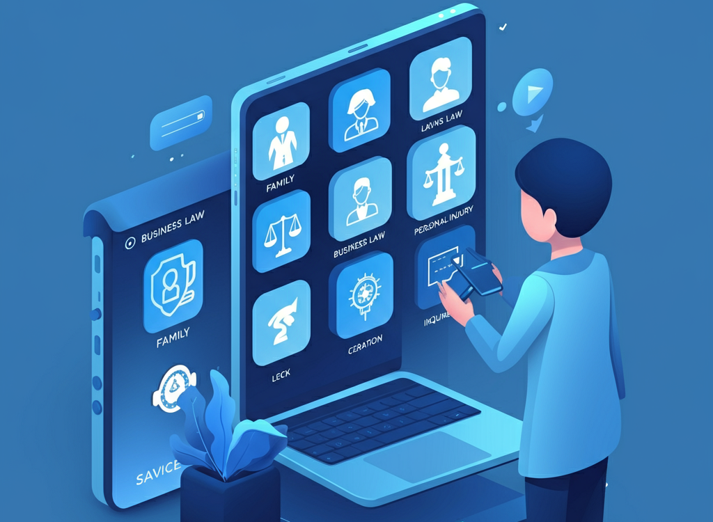 Illustration of a digital legal platform with icons for legal services.