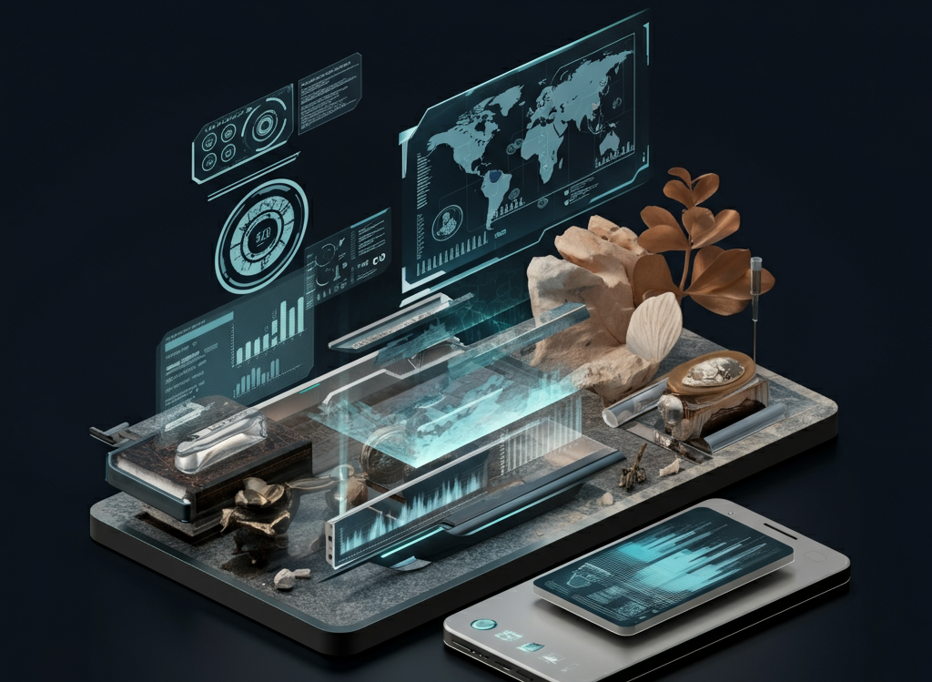 Futuristic digital elements blending AI, blockchain, VR, and cultural heritage.