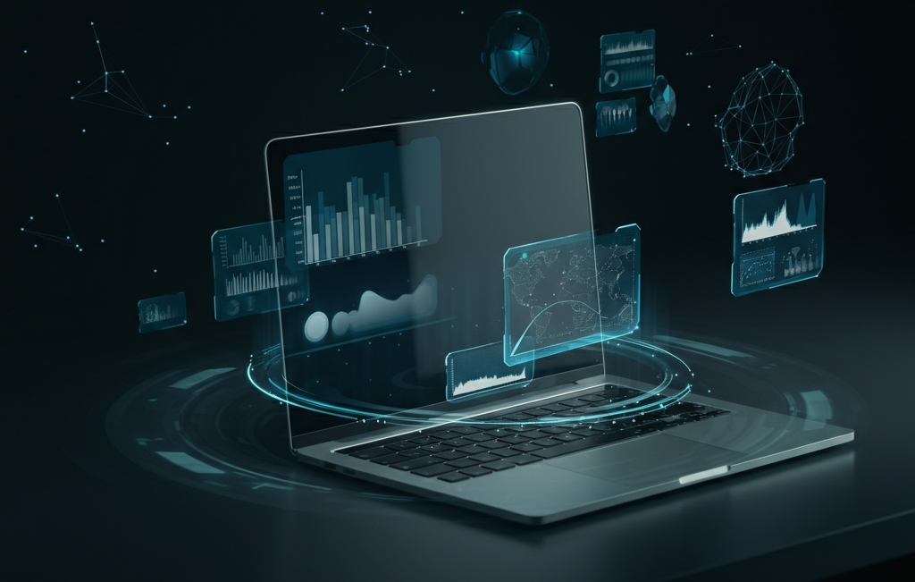 A sleek laptop with AI-inspired graphics on a clean workspace, symbolizing digital innovation and productivity.