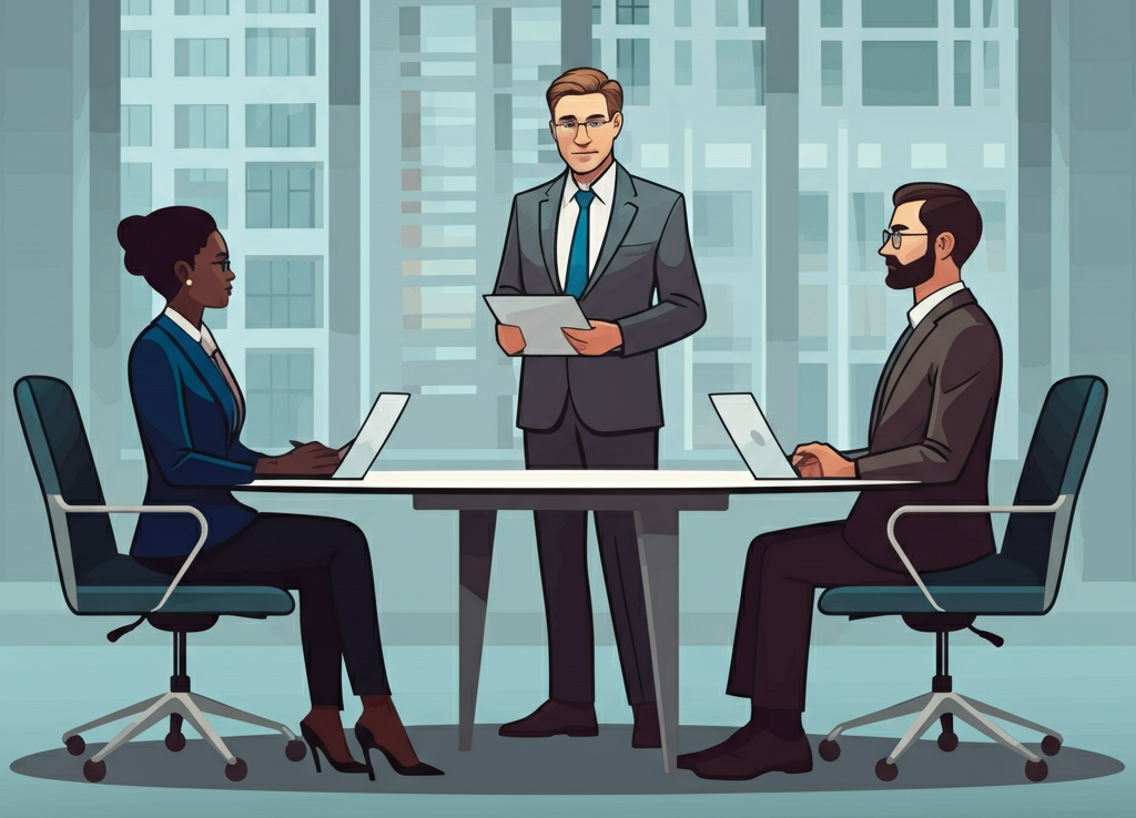 Illustration of an ombudsman mediating between two parties in an office.