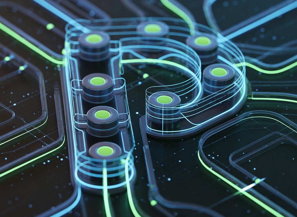 Abstract digital-themed image with glowing circuits and nodes representing Pizokeelio.