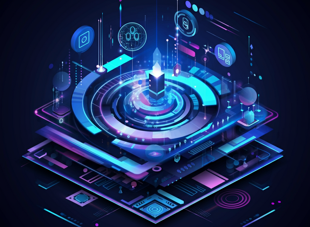 Illustration of a glowing, multi-layered isometric digital structure with interconnected data streams and floating icons, representing advanced technology and data integration.