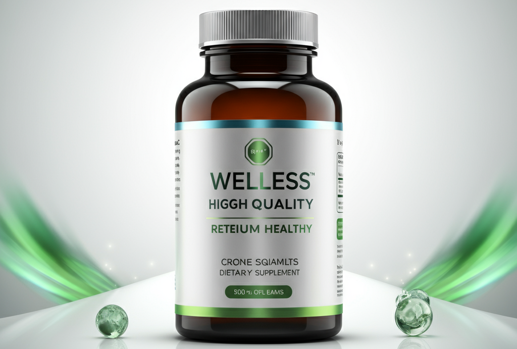 Primerem supplement bottle on a reflective surface with glowing green accents, symbolizing wellness and vitality.