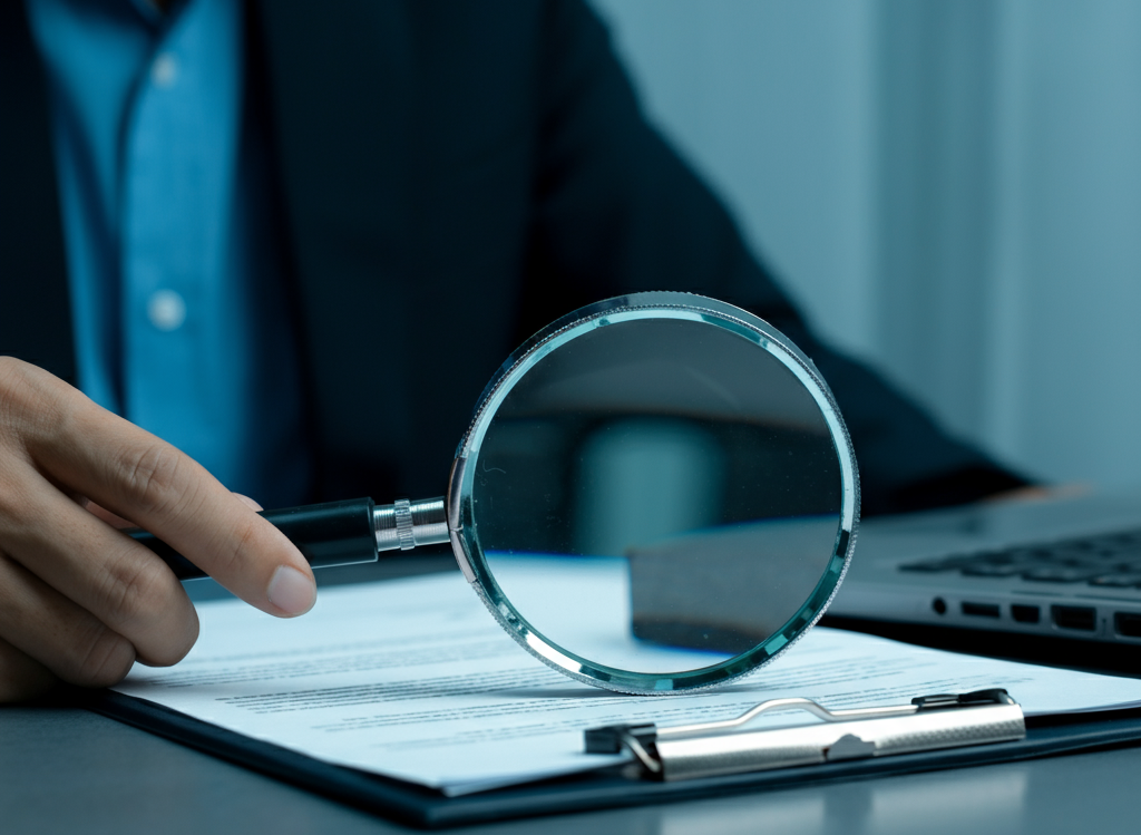 Businessperson analyzing financial documents with a magnifying glass, symbolizing trust and transparency in private lending.