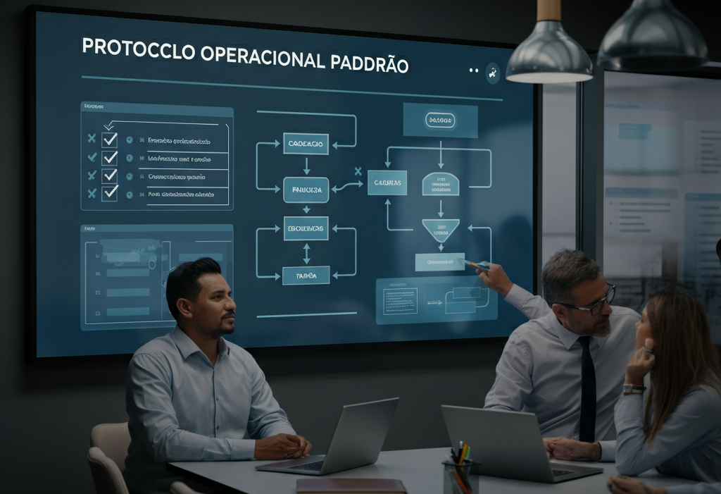 Flowcharts and team collaboration representing Protocolo Operacional Padrão.
