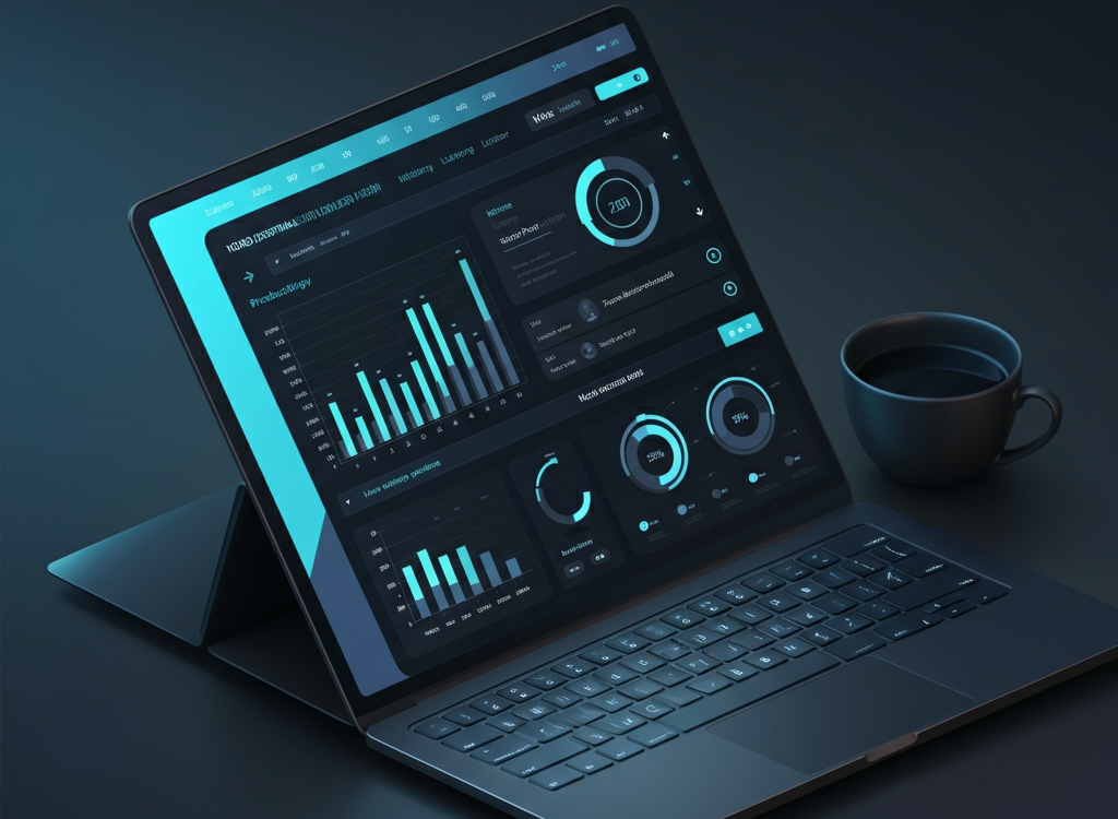 A sleek laptop displaying a modern digital dashboard with productivity tools, set in a minimalist workspace, symbolizing efficiency and streamlined workflows.