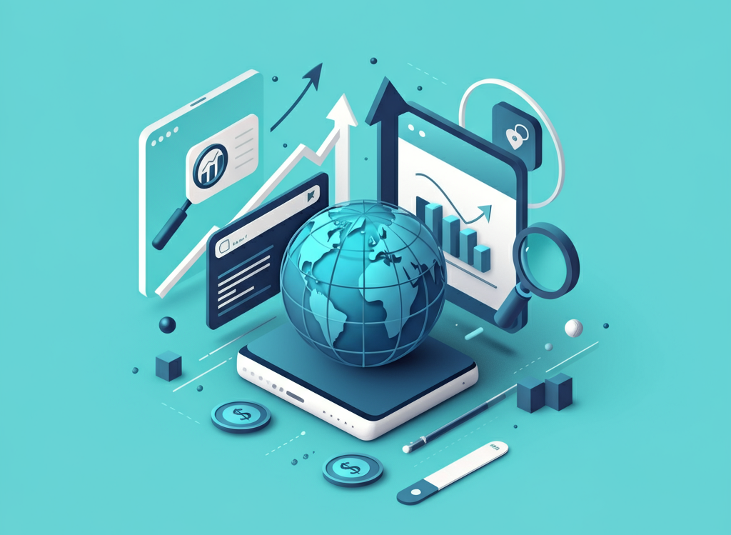 Business growth through SEO with a rising graph and globe