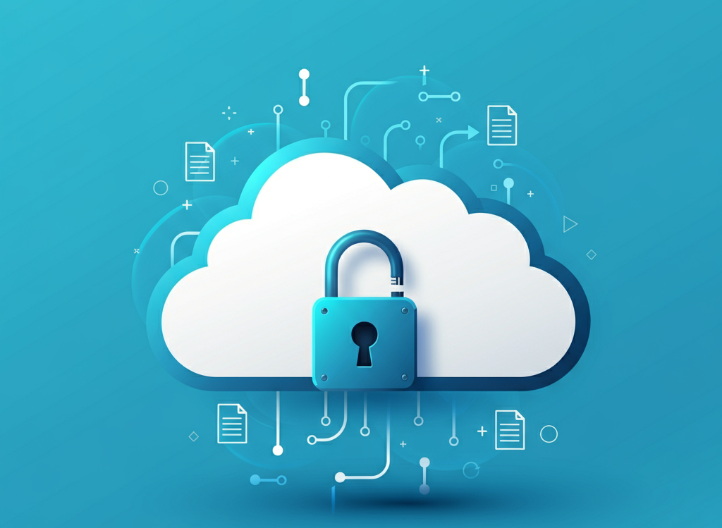 Illustration of a secure cloud with a lock symbol, representing cloud storage and file sharing.