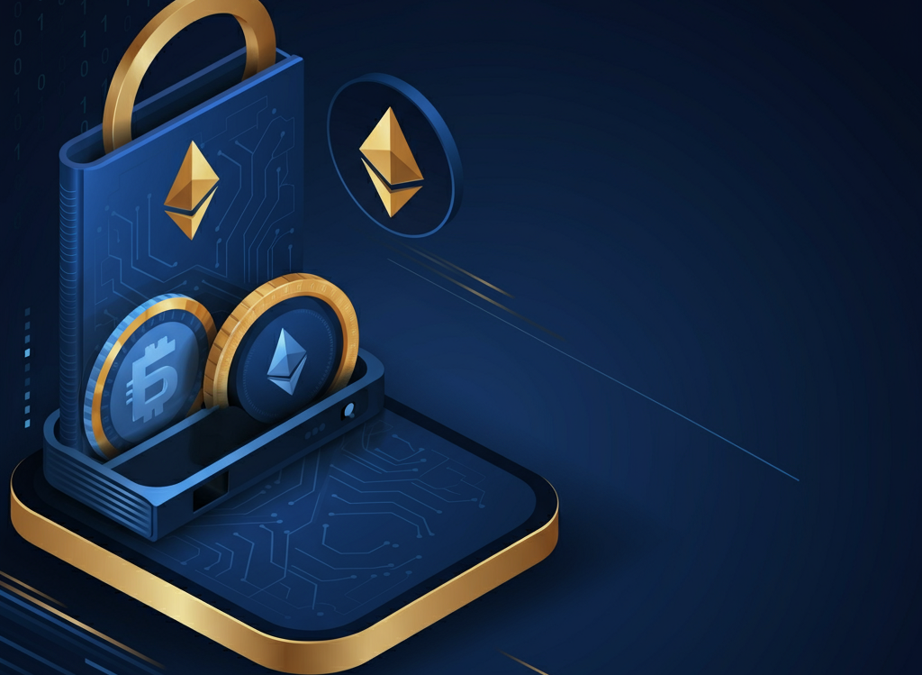 Illustration of secure cryptocurrency investments with Bitcoin, Ethereum, and a digital wallet.