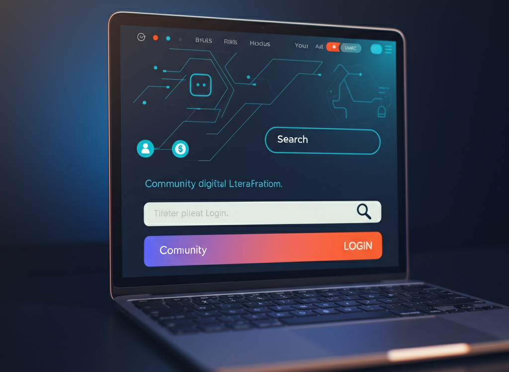 Modern laptop displaying a futuristic digital interface, representing Simpcitt's technology, connectivity, and digital community focus.