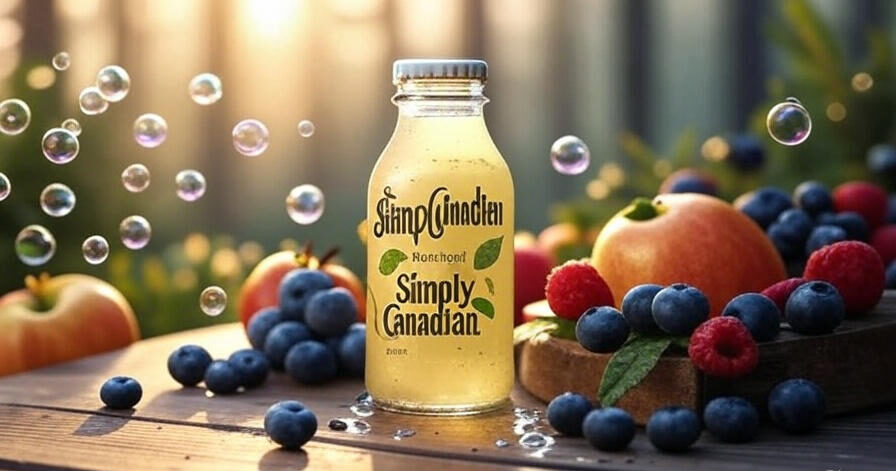Bottle of SimplyCanadian drink with fresh Canadian fruits and bubbles