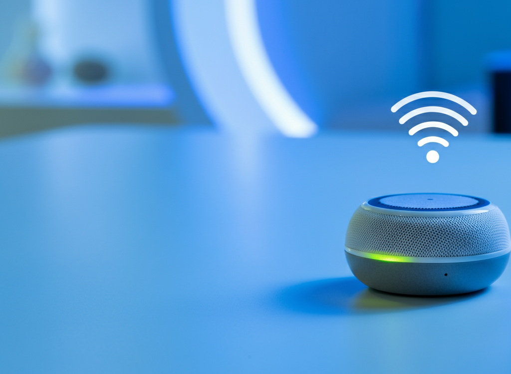 A modern smart home interior with advanced technology, including smart lighting, a voice assistant, and a sleek entertainment system.