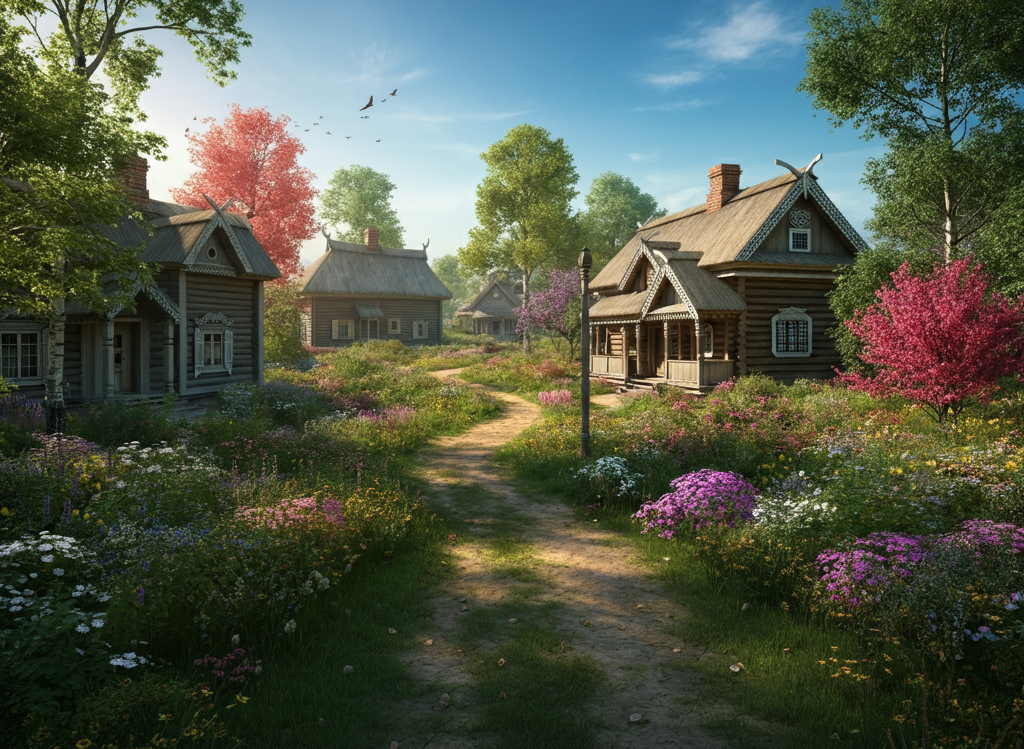 A traditional Lithuanian village with wooden houses and greenery, representing sodziu