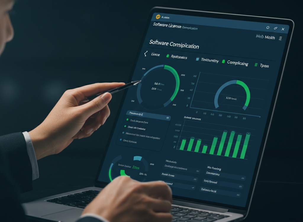 Dashboard interface displaying software license compliance metrics with charts and graphs, emphasizing efficiency and optimization.