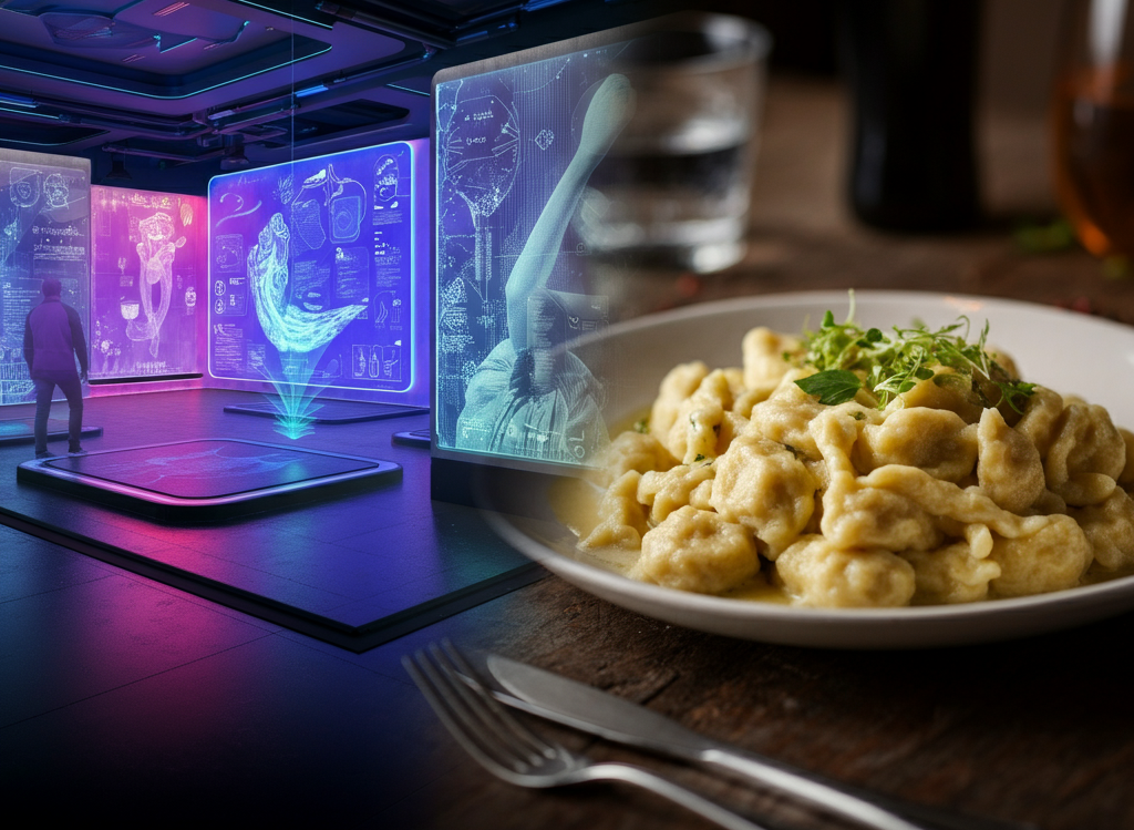 Split image showcasing a futuristic immersive space with holograms on one side and a rustic table with a plate of Spätzle, German egg noodle dumplings, on the other.